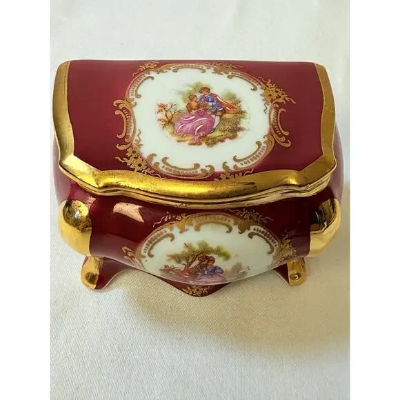 Vtg Porcelain SA Limoges Courting Couple Burgundy &Gold Trinket Box